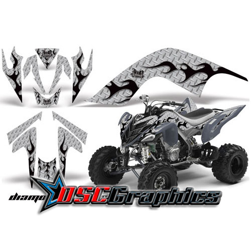 All Years Yamaha Banshee Raptor 700 ATV Silver Diamond Flames Vinyl Graphic Kit