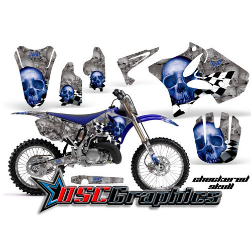 1996-2001 Yamaha Banshee YZ125 Motocross Blue Checkered Skull 2 Stroke Vinyl Graphic Kit