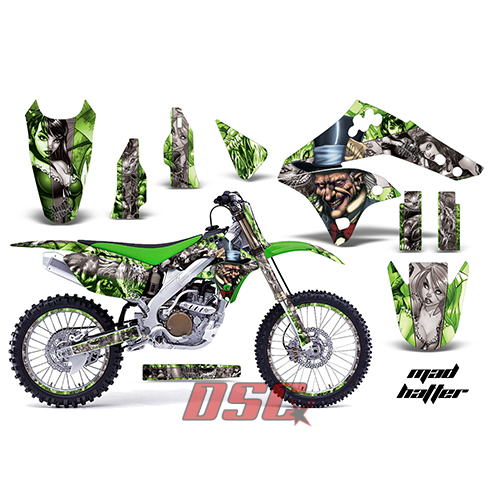 Green and Silver Mad Hatter Moto 2012-2013 Kawasaki KXF450 Vinyl Graffix Wrap Kit