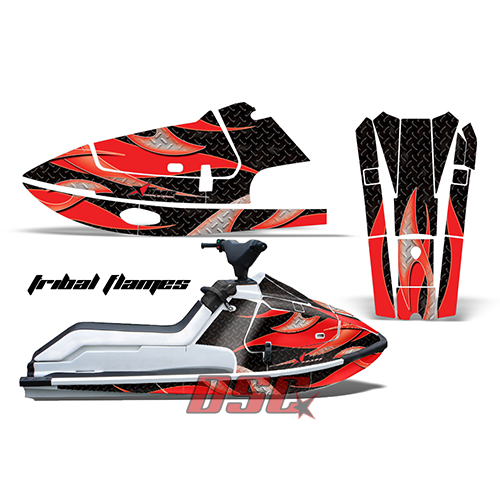 X2 650 Kawasaki Tribal Flames Red and Black Jet Ski Graphic Wrap Kit 1986-1995