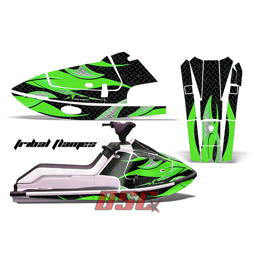 Kawasaki X2 650 Tribal Flames Green Jet Ski Graphic Wrap Kit 1986-1995