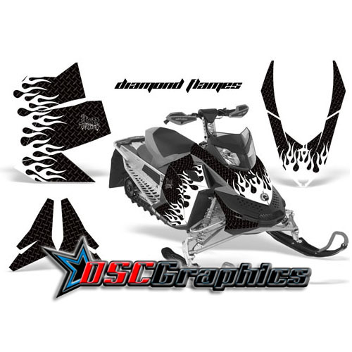 Snow Mobile White Diamond Flames Vinyl Graphics Fit Ski Doo Rev XP